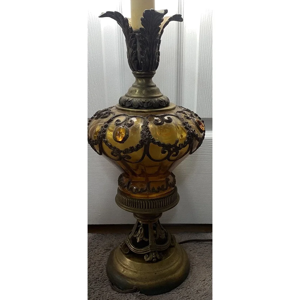 Vintage‎ Amber Glass&Brass Table Lamp Falkenstein Hollywood Regency Jeweled Lamp